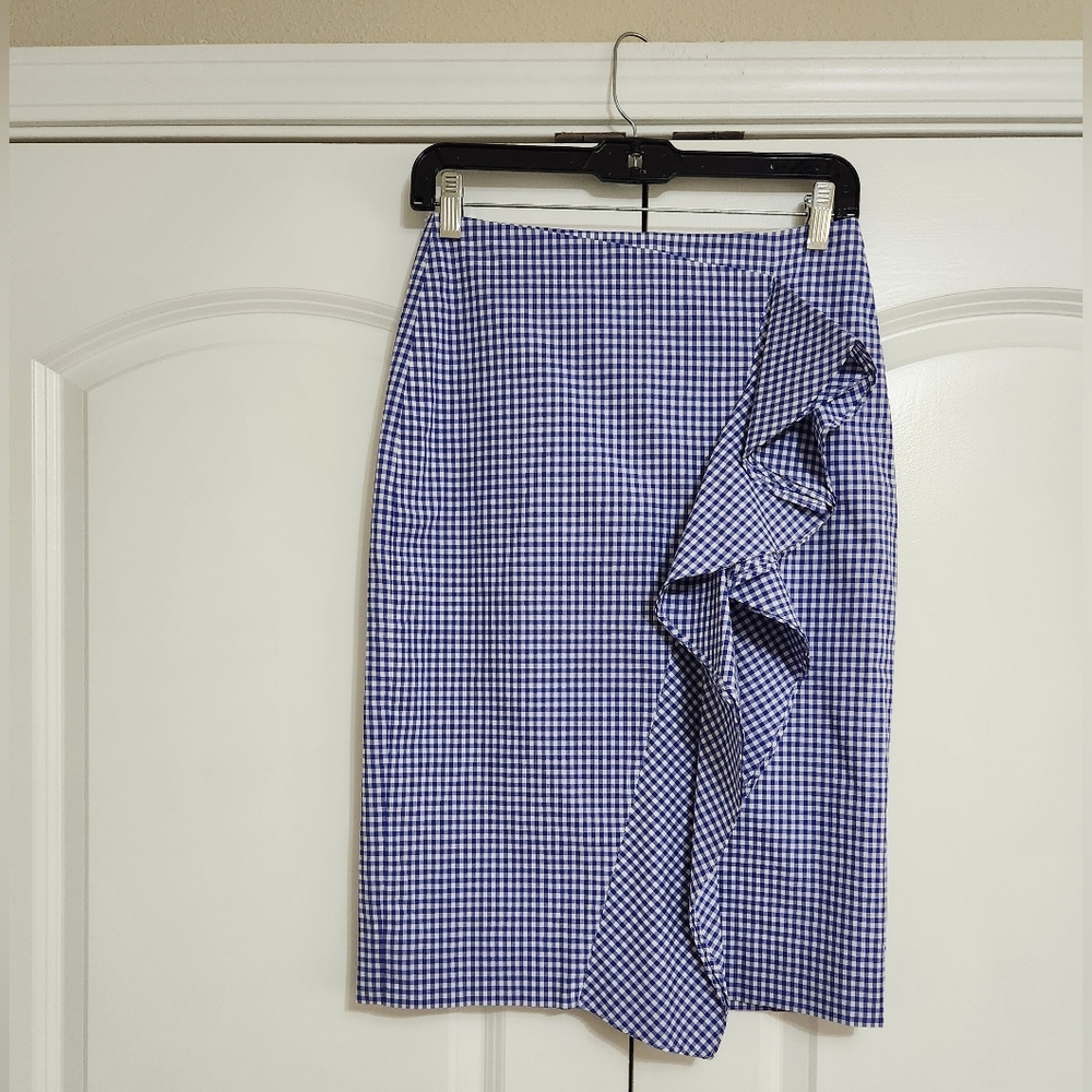 J. Crew Royal Blue and White Preppy Gingham Ruffle-Trim Pencil Skirt - Picture 3 of 8